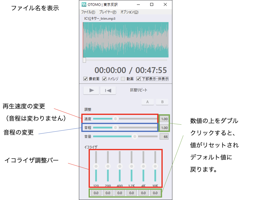 イコライザ、速度、音程の調整
