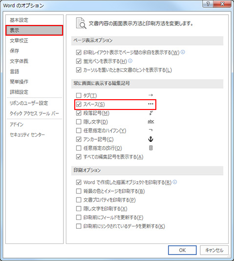 「［表示］で上記1オプションを囲んだ図-チェックは入れる